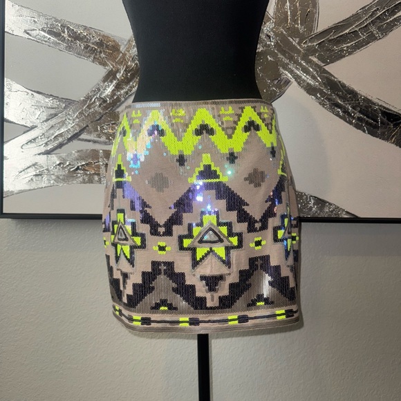 Express Dresses & Skirts - Sequin Express Aztec Mini Skirt in Neon Yellow Gray and Navy
